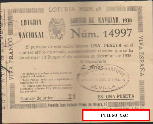 Participación de Navidad de 1938. Con Vivas a Franco y a España. Sevilla