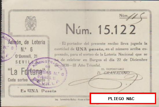 Participación de Navidad de 1938. Lotería la Fortuna-Sevilla