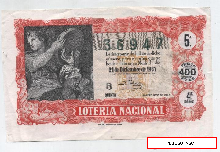 Lotería Nacional. Décimo 21 de Diciembre de 1957