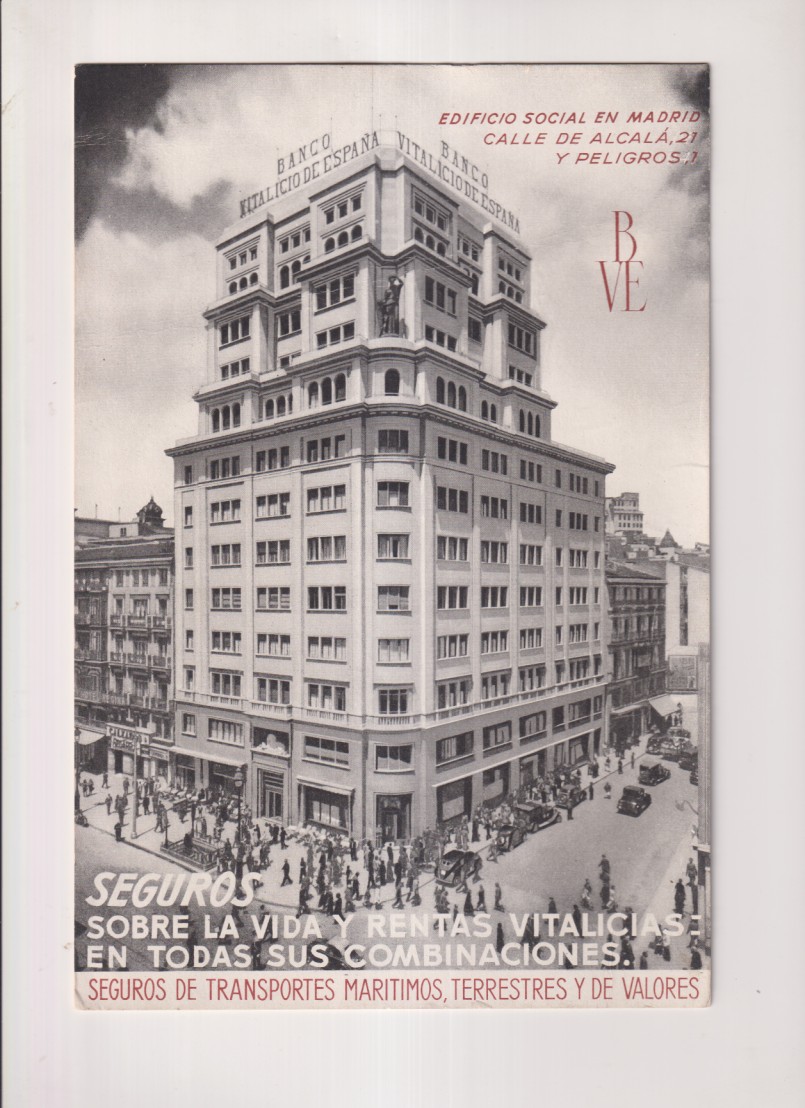 Antiguo Secante (25x17 cm.) Publicidad del Banco Vitalicio. Seguros de Transportes marítimos, terrestres ,valores. Edificio Social en madrid. Sin usar