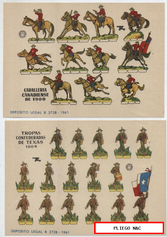 Recortables Bruguera (12x17) Lote de 2: Caballería Canadiense de 1900 y Tropas Con. Año 1961