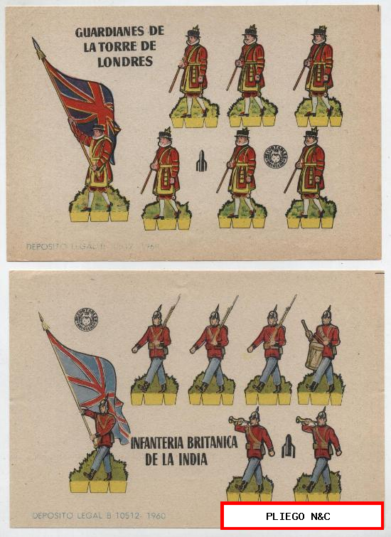 Recortables Bruguera (12x17) Lote de 2: Guardianes de la Torre de Londres e Infantería. Año 1960