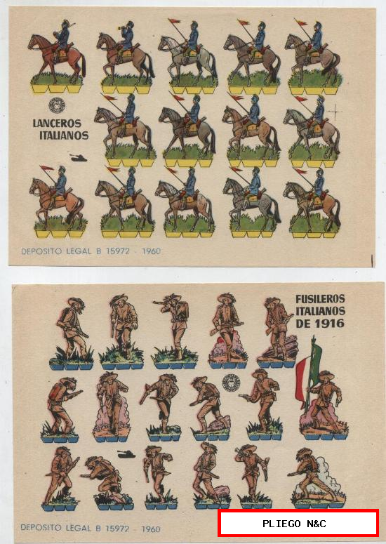Recortables Bruguera (12x17) Lote de 2: Fusileros Italianos de 1916 y Lanceros italiano. Año 1960