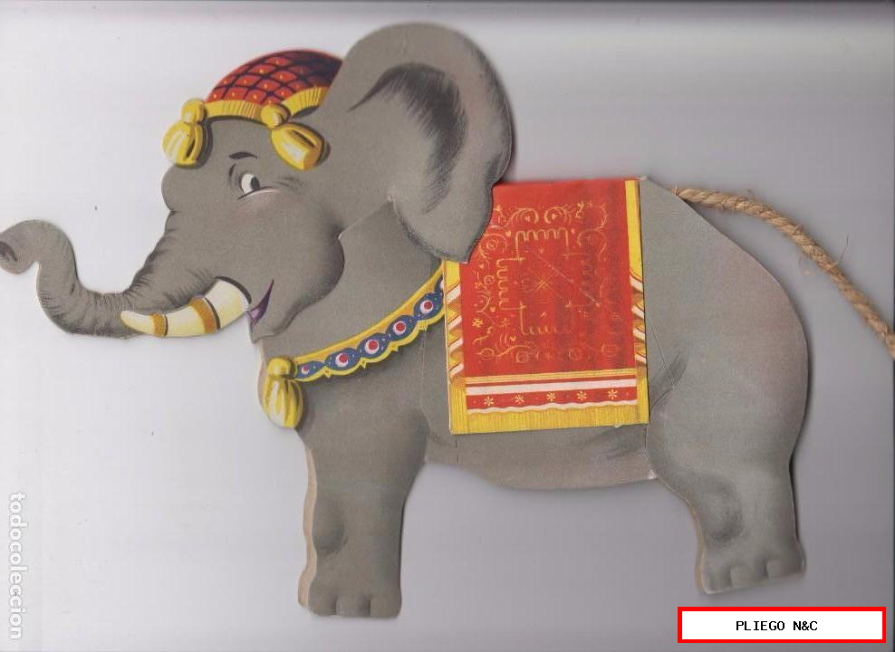 elefante troquelado en cartón y la cola de cuerda. Años 40/50. Muy bonito medidas aprox.: 26x20 cm.