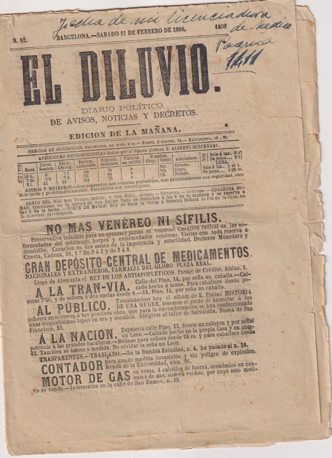 el diluvio. Diario político. Edición de la mañana. nº 52. Barcelona 21 de febrero de 1880.