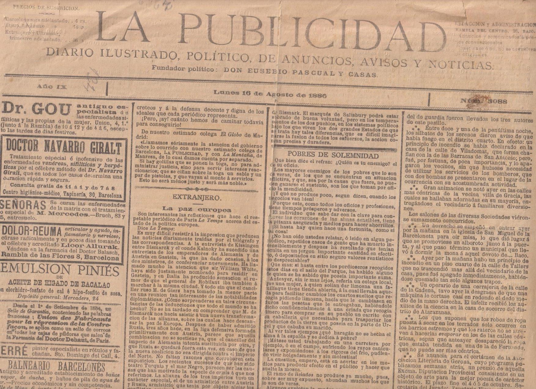 la publicidad, diario ilustrado, político nº 3088. Barcelona 16 de agosto de 1880. solo primera hoja