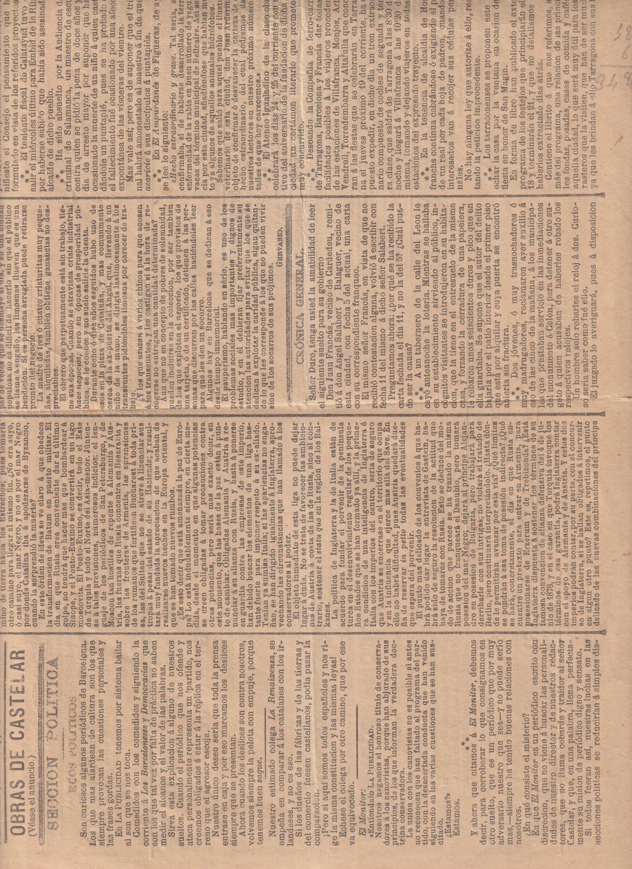 la publicidad, diario ilustrado, político nº 3088. Barcelona 16 de agosto de 1880. solo primera hoja