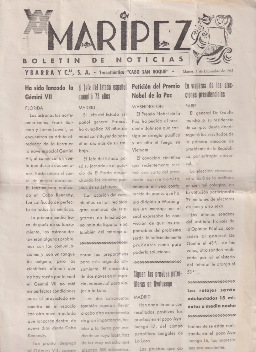 Maripez. Boletin de Noticias. Diario de A bordo. Ybarra. Trasatlántico 