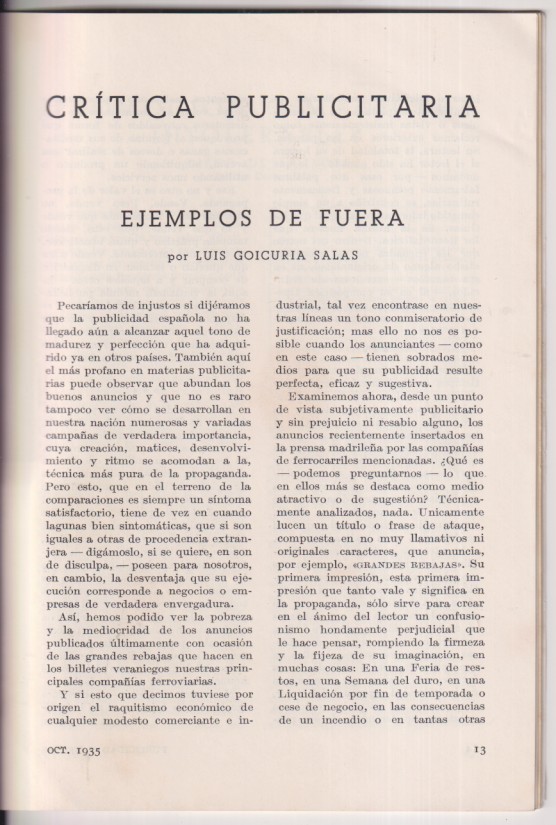 Publicidad y Ventas. año 1, nº 1. Octubre de 1935. (21x14,5 cm.) 40 páginas . Revista técnica española para jefes de publicidad. Muy Dificil