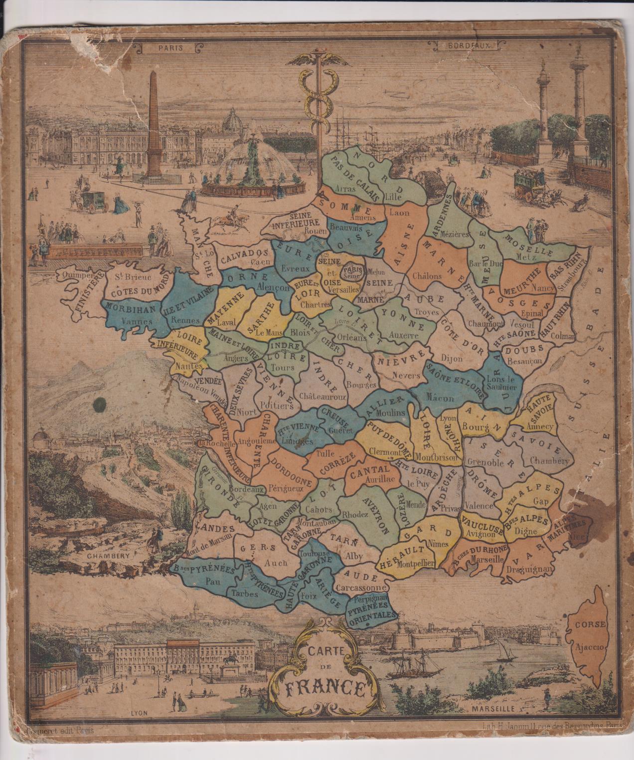 Mapa de Francia. Cartón (24,5x21,5) Siglo XIX