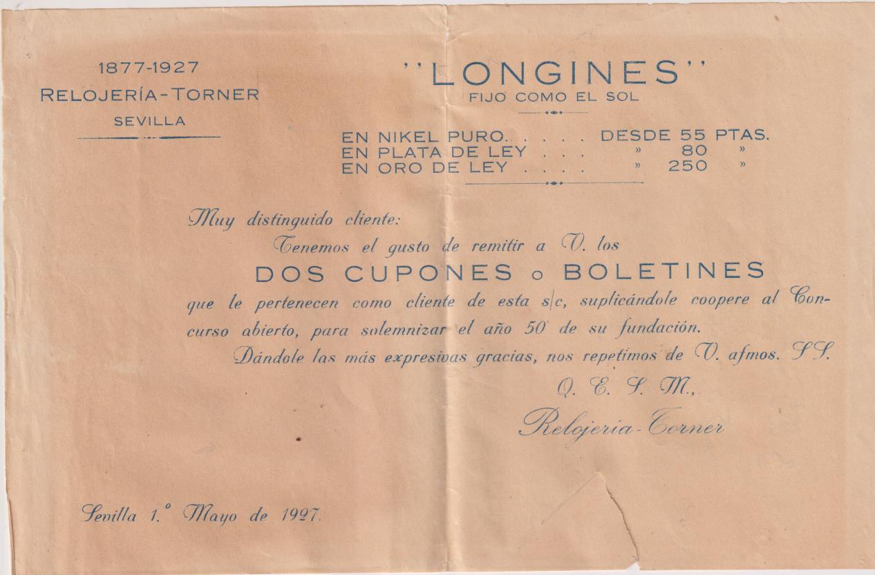 Carta, sobre, 2 cupones y base para el concurso de Longines de 1927