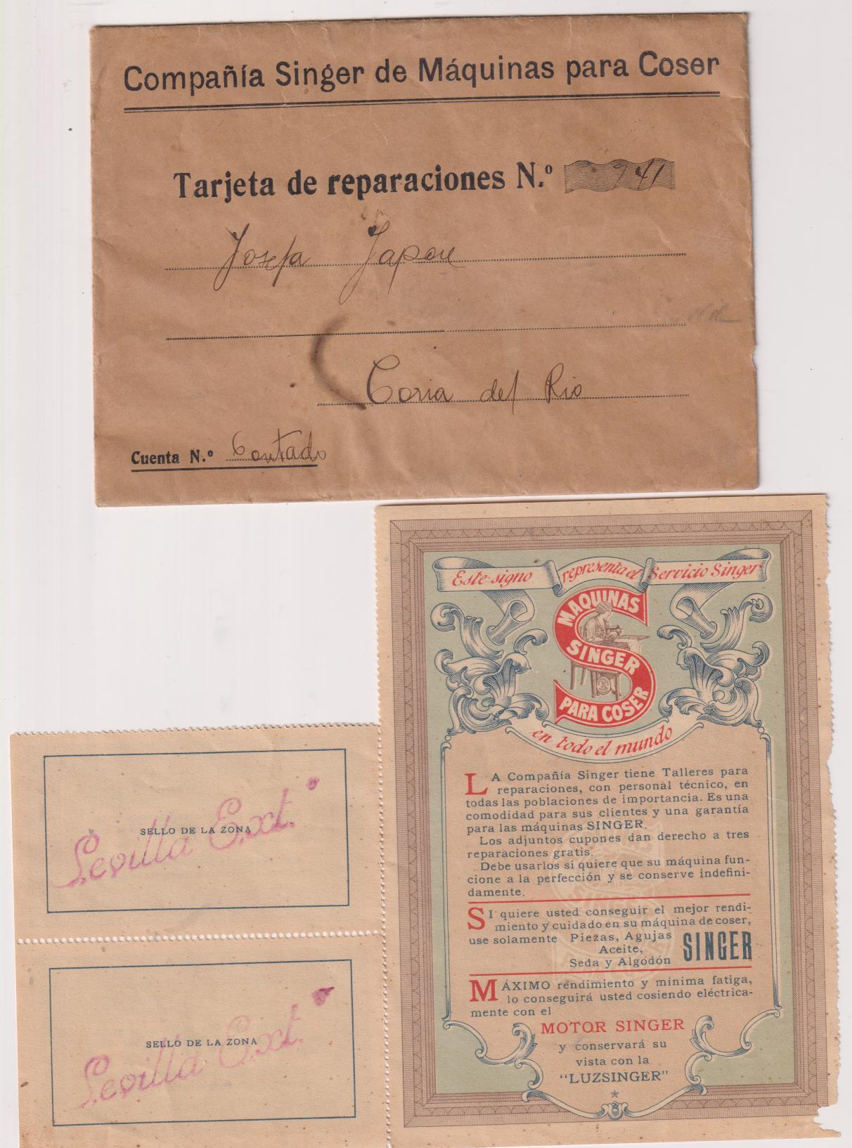 Carta de Siger (Máquinas de coser) a Coria del Río. Contiene cupones de reparación gratuita