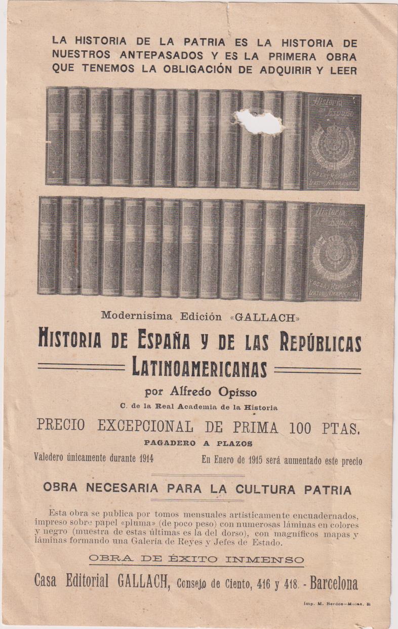 Publicidad de Historia de España y de las Repúblicas Latinoamericanas. Gallach, 1914