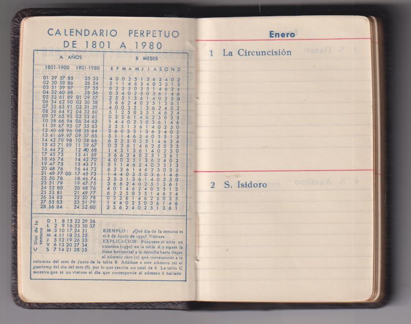Agenda Calendario Perpetuo (1940?) Piel. SIN USAR