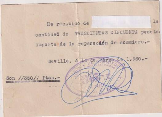 FActura de Venta al dorso de una tarjeta de Publicidad de fábrica de colchones