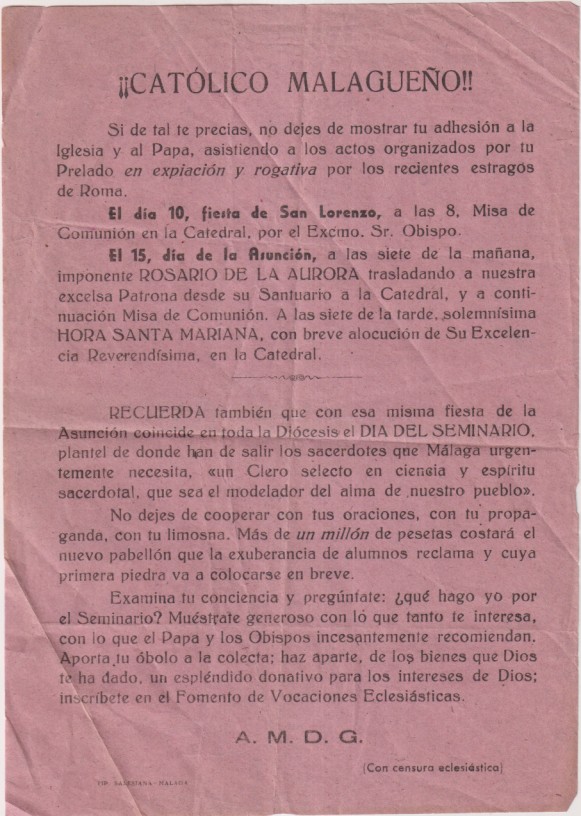 Cartel de mano Dirigido a los Católicos malagueño pidiendo su adhesión a la Iglesia y al Papa por los recientes estragos en Roma....
