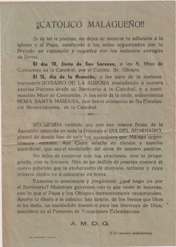 Cartel de mano Dirigido a los Católicos malagueño pidiendo su adhesión a la Iglesia y al Papa por los recientes estragos en Roma....