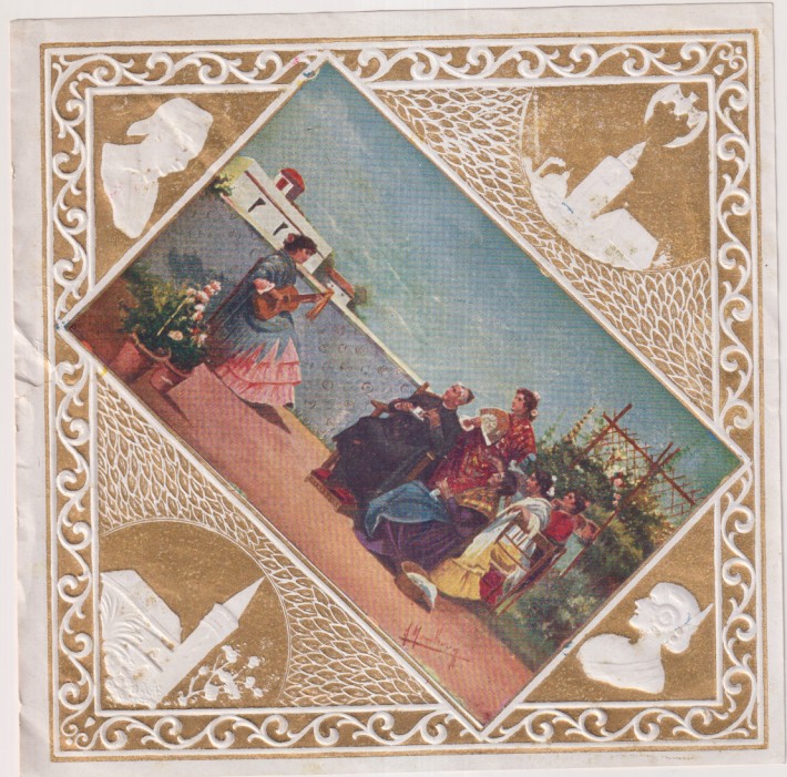 Souvenir? de Valencia. Papel (18x18 cm.) con escenas y tipos Valencianos. Con márgenes troquelados y en el centro una postal impresa de un pintor
