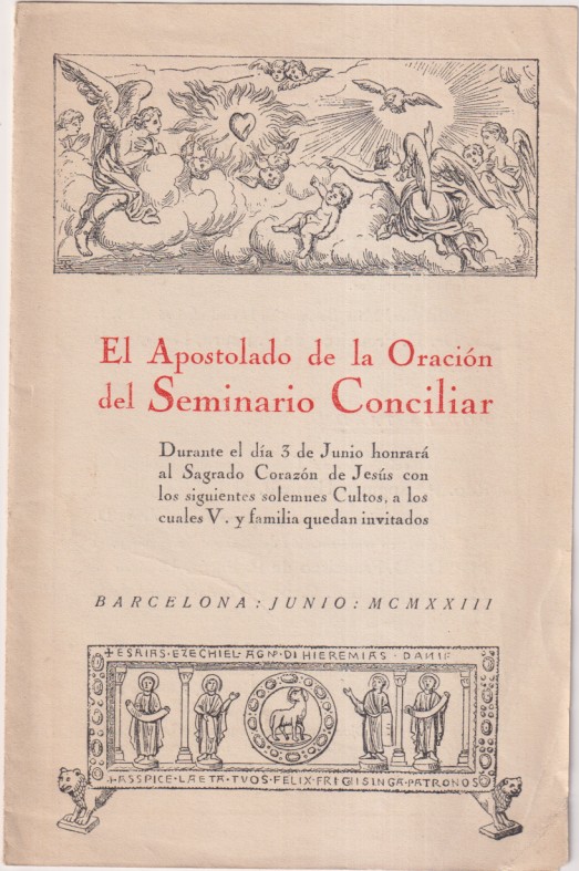 El Apostolado de la Oración del Seminario Conciliar. Barcelona, Junio MCMXXIII. Doble hoja