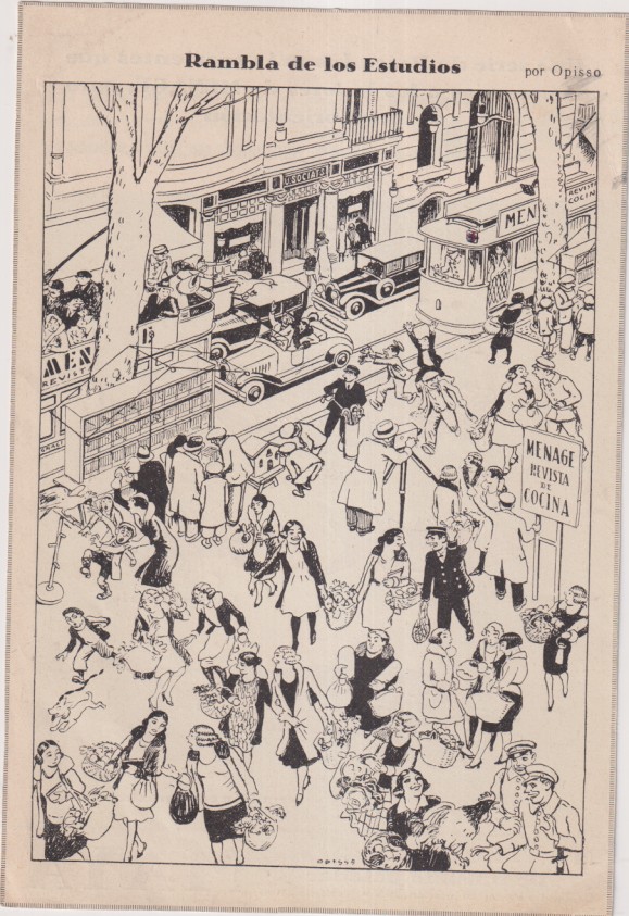 Opisso. Ilustración. Rambla de los Estudios. Hoja (22x15 cm.) de una revista de 1932
