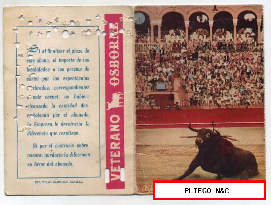 Plaza de Toros de Sevilla. Abono Temporada 1965. Publicidad Osborne