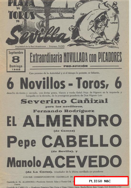 Plaza de Toros de Sevilla Cartel (45x21) Novillada con Picadores. 8 Septiembre de 1968