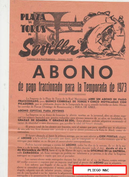 Plaza de Toros de Sevilla. Abono fraccionado para la temporada 1973. Cartel 43,5x21