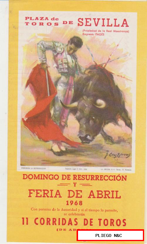 Plaza de Toros de Sevilla. Domingo de Resurrección y Feria de Abril 1968. (21x12) Programa de mano