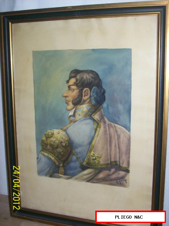 Retrato de Torero por A. Gony. Acuarela enmarcada y con cristal. Medidas de la acuarela