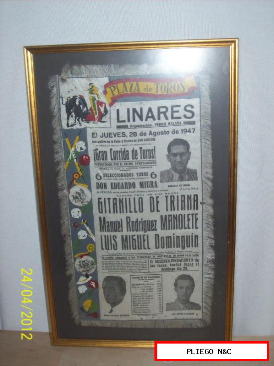 Cartel en tela (45x22) Plaza de Toros de Linares. Jueves 28 de Agosto de 1947