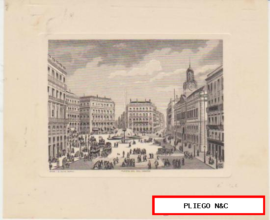 Grabado (14,5x17,5) Puerta del Sol-Madrid. Grabador Oliva