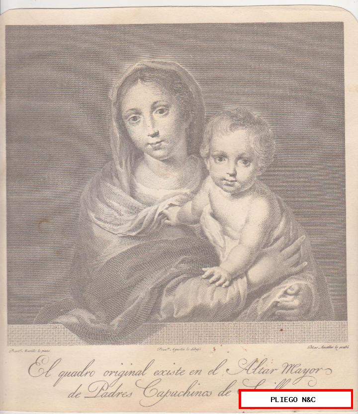 Virgen con El Niño de Murillo. (24,5x22,5 cm.) Grabado por Blas Ametller (1768-1841) MUY BONITO