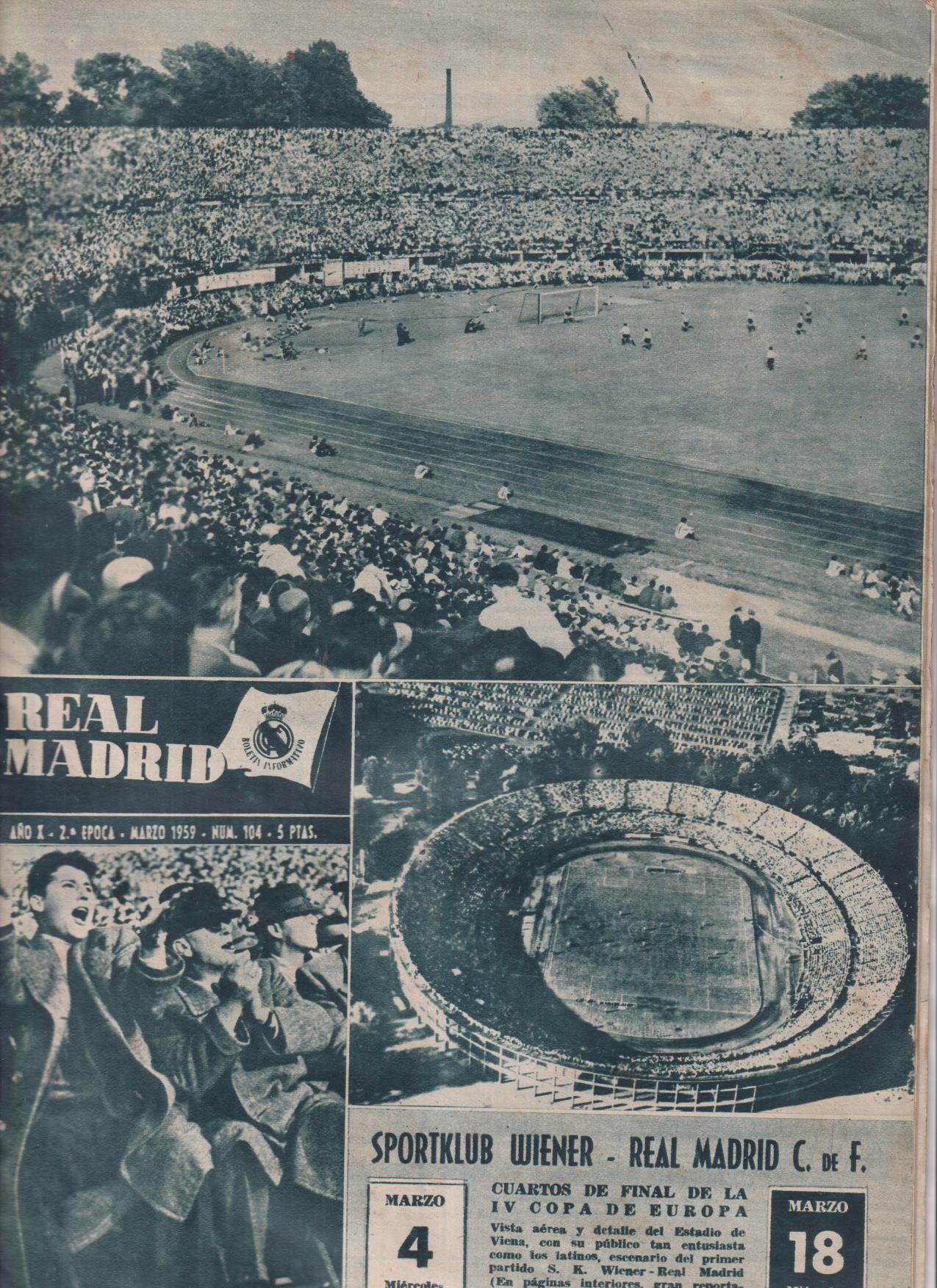 Boletín Revista oficial Real Madrid nº 104..Marzo 1959. Sportklub Wiener- Real Madrid C. de Futbol....