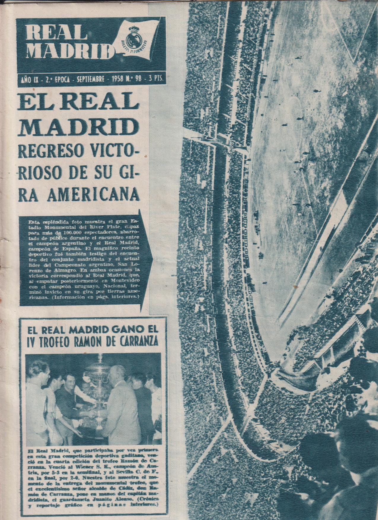 Boletín Revista oficial Real Madrid 98. Septiembre 1958. El Real Madrid regresó Victorioso de su gira Americana