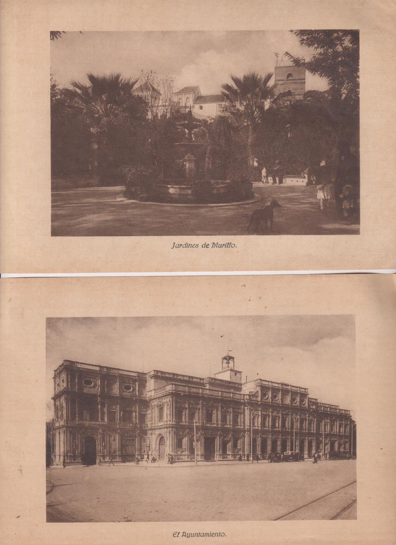 Lote de 2 láminas (22x15,5 cms.) Ayuntamiento y jardines de Murillo. Sevilla, 1928