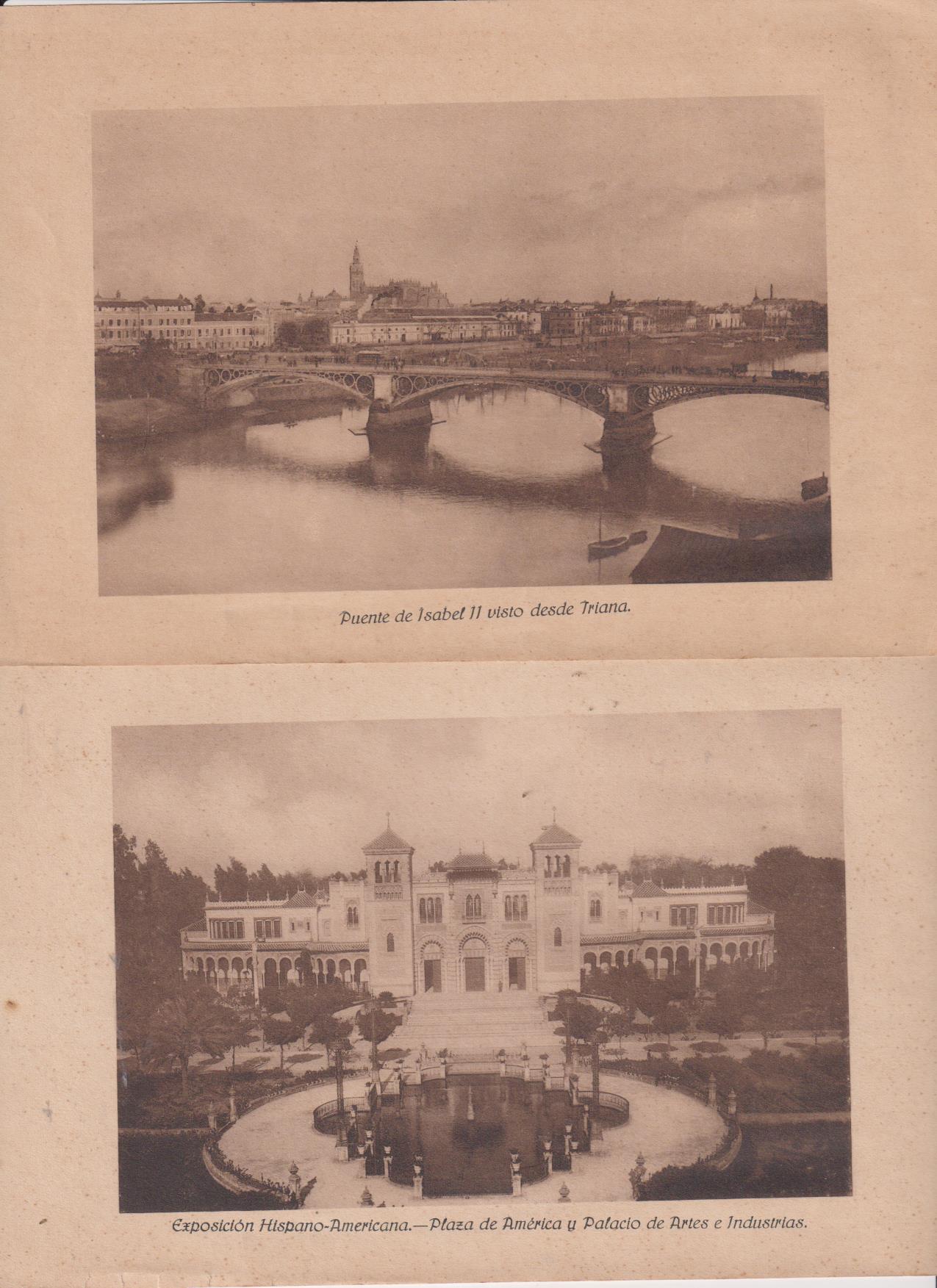 Lote de 2 láminas (22x15,5 ) Puente de Isabel II desde Triana y Plaza de América. Sevilla, 1928
