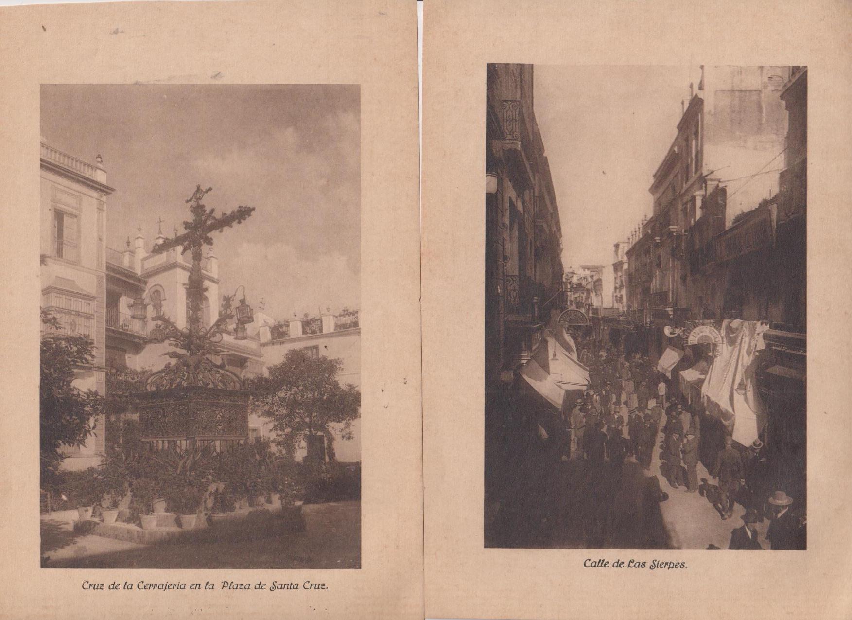 Lote de 2 láminas (22x15,5 cms.) Calle de las Sierpes y Cruz de la Cerrajería Sevilla, 1928
