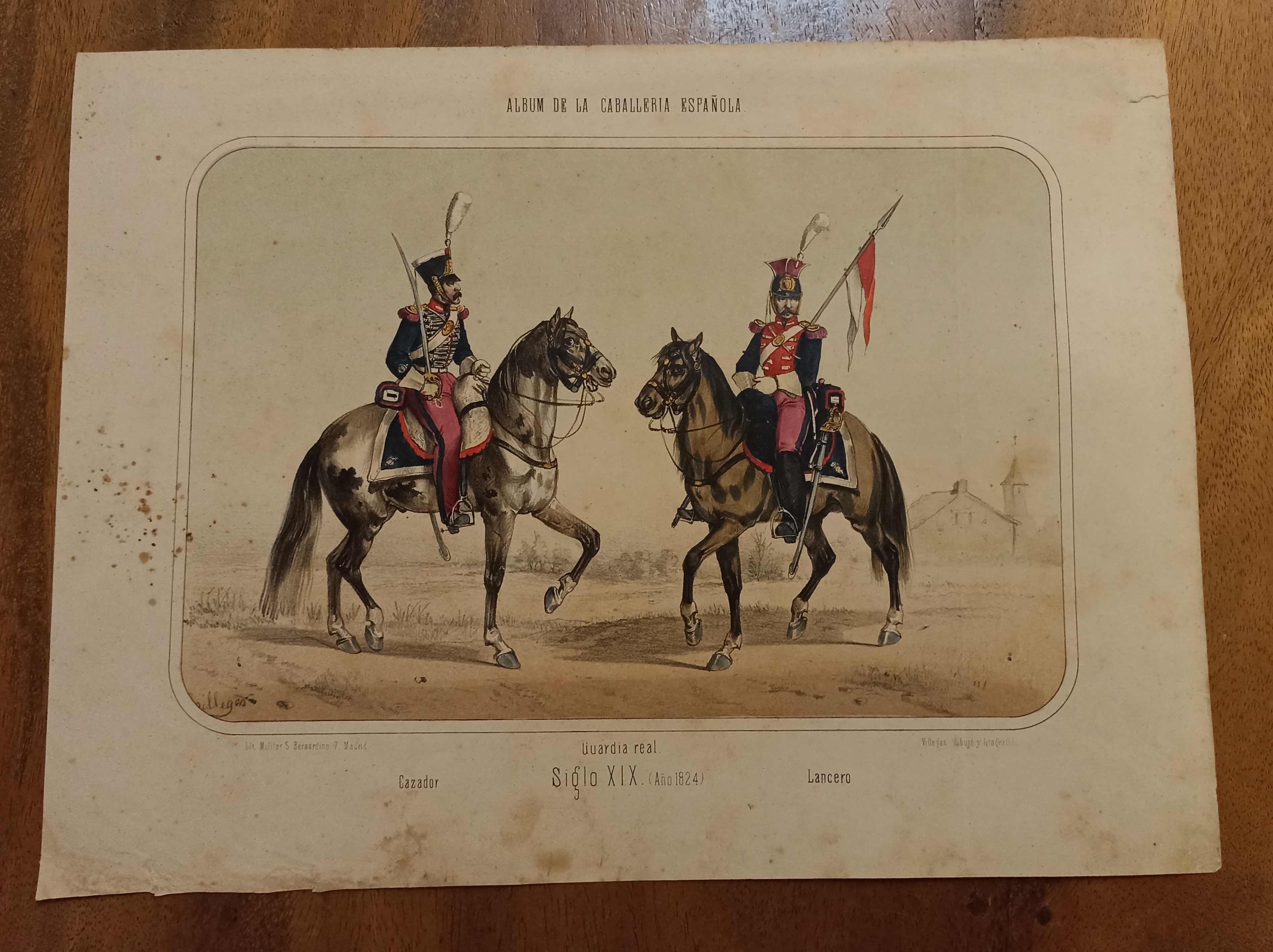 Lámina (38x29 cms.) Dibujo y Litografía de J. Villegas: Cazador y Lancero de Guardia Real 188?