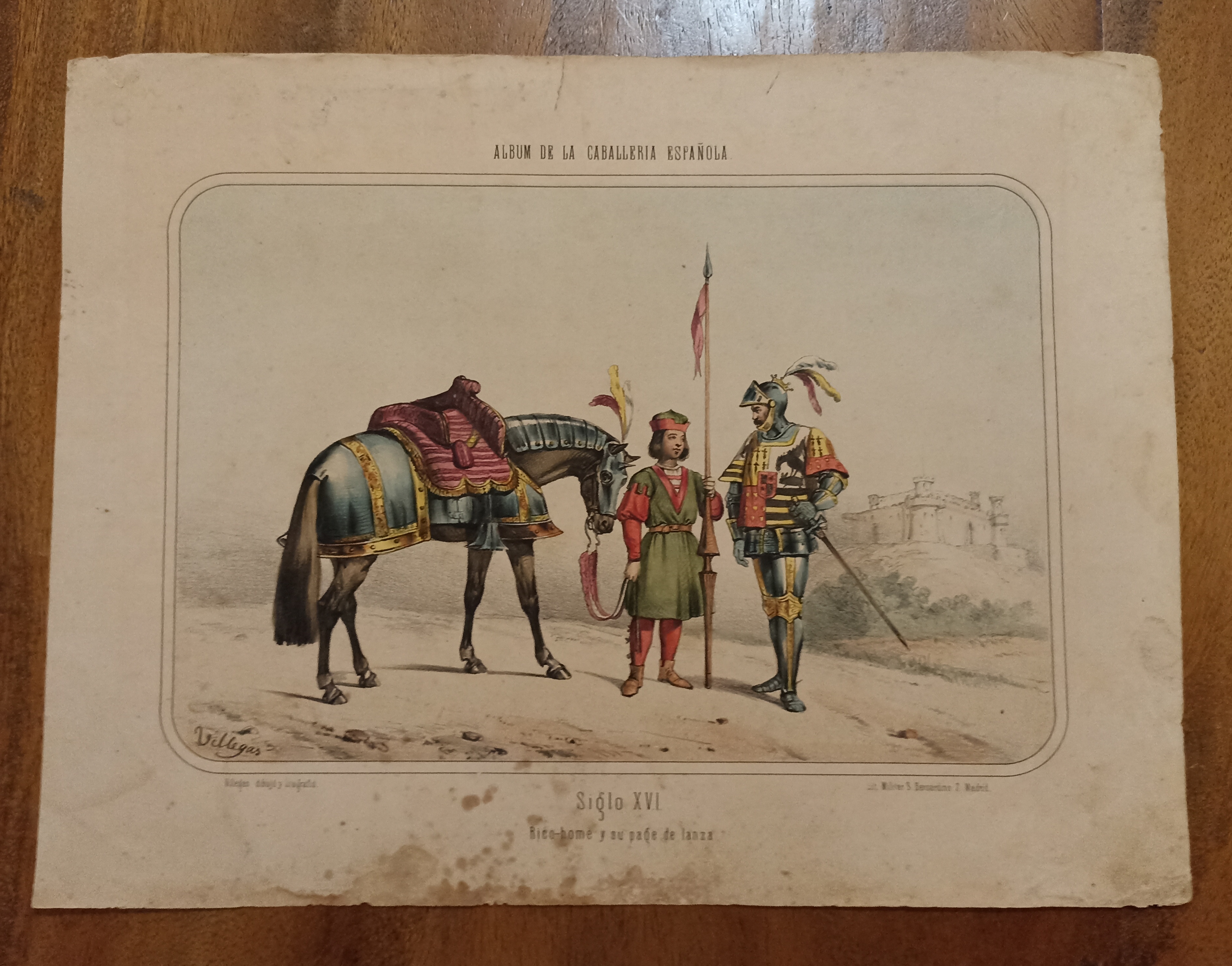 Lámina (38x29 cms.) Dibujo y Litografía de J. Villegas: Rico-Home y su Page de lanza. 188?