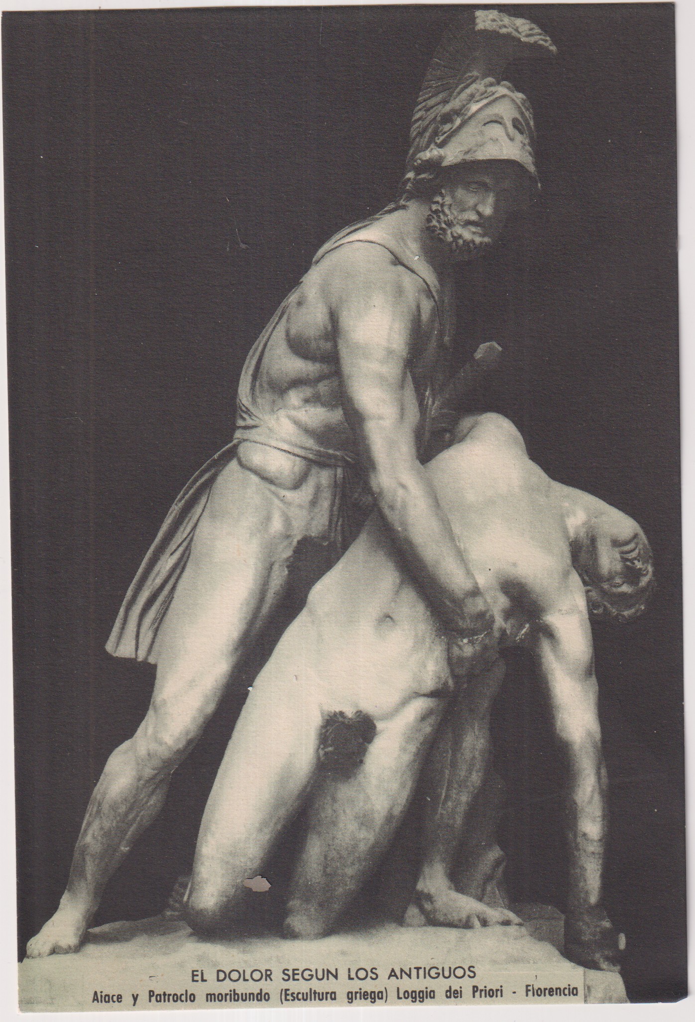 El dolor según los antiguos. Aiace (Áyax) y Patroclo moribundo. Escultura griega. Publicidad de Uromil-Salz.  laboratorios Viñas, Barcelona 1953