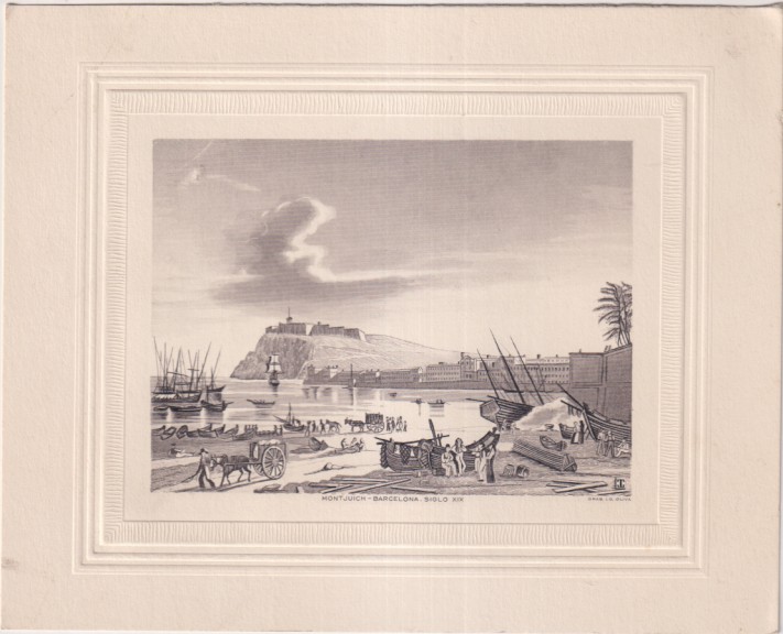 Cartulina (15x19 cm.) Montjuich - Barcelona. Siglo XIX. Grab. I. G. Oliva
