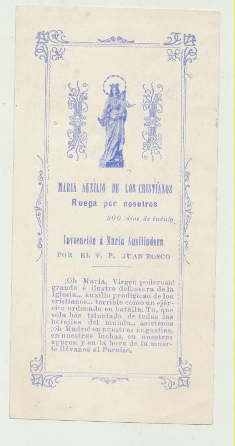 Estampa (14x7) María Auxilio de los Cristianos. Oración al dorso. Sevilla Principios Siglo XX