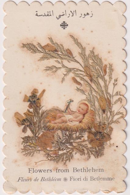 Estampa (11x7) Niño Jesús, con flores de Belén. Principios siglo XX