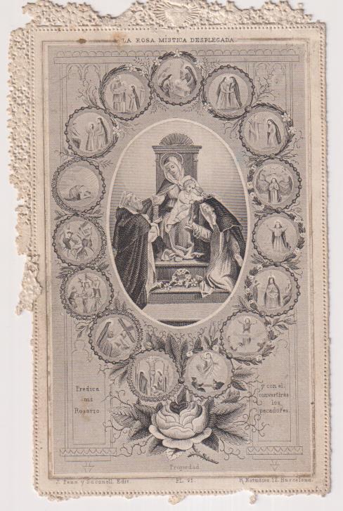 La Rosa Mística desplegada. Estampa de Puntillas (12,5x8 cms.) Siglo XIX