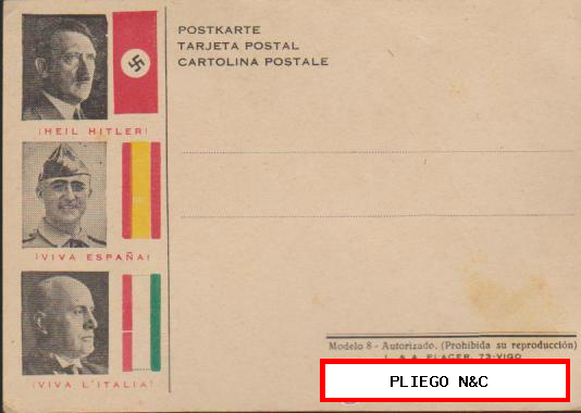 Tarjeta Postal. ¡Heil Hitler! ¡Viva España! ¡Viva l´Italia!
