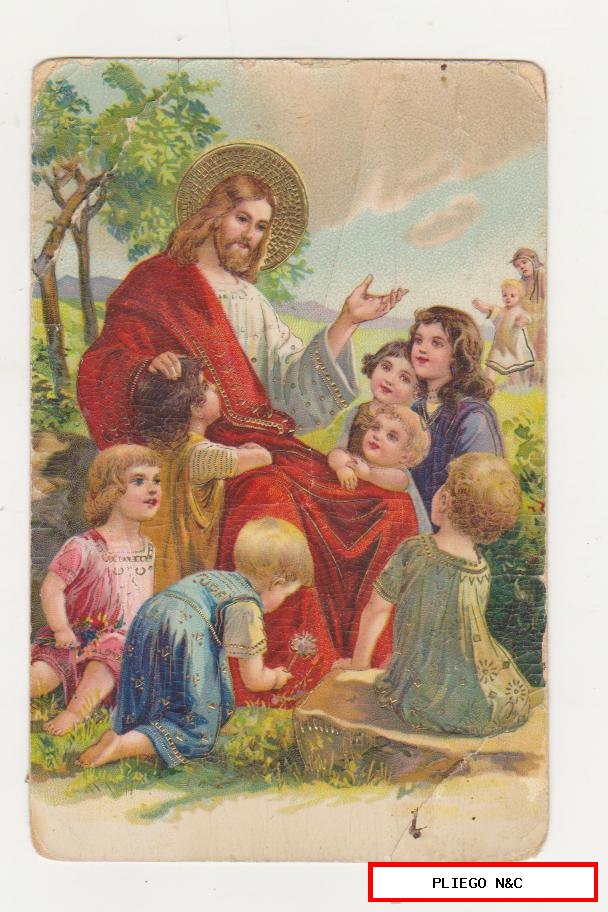 Jesús y los niños. Postal con brillo. Circa 1908