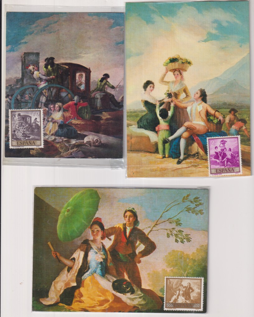 3 postales de Goya: El cacharrero, la vendimia y el quitasol. Todas con su sello sin matar
