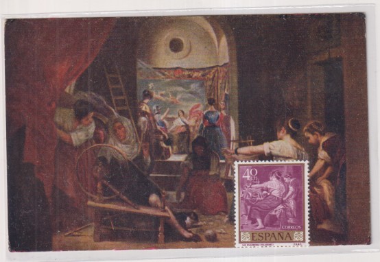 Postal de goya. Las hilanderas en la real fábrica de tapices con su sello sin matasellar