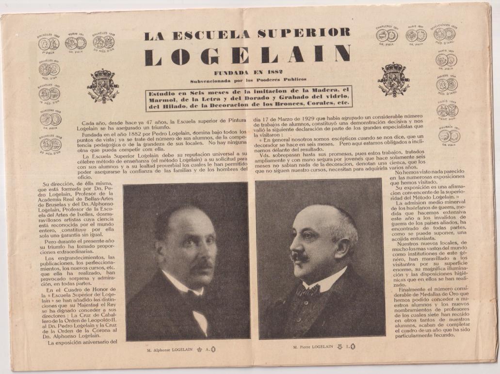 La Escuela superior Logelain fundada en 1882. Estudio en seis meses sobre la madera el mármol, el dorado, bronces... (26x20 c.)  Año 1929