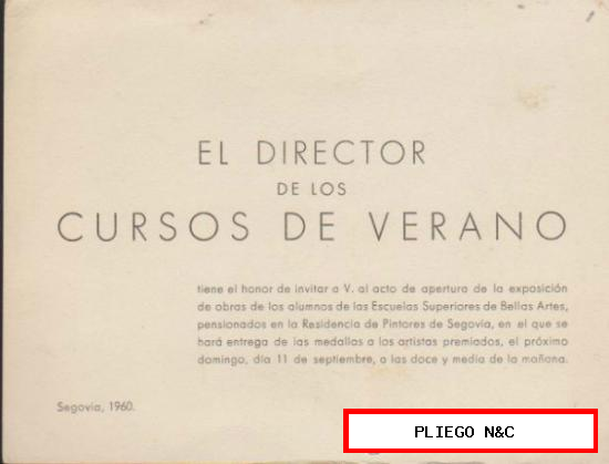 Invitación a La Exposición de las Escuelas Superiores de Bellas Artes. Segovia 1960